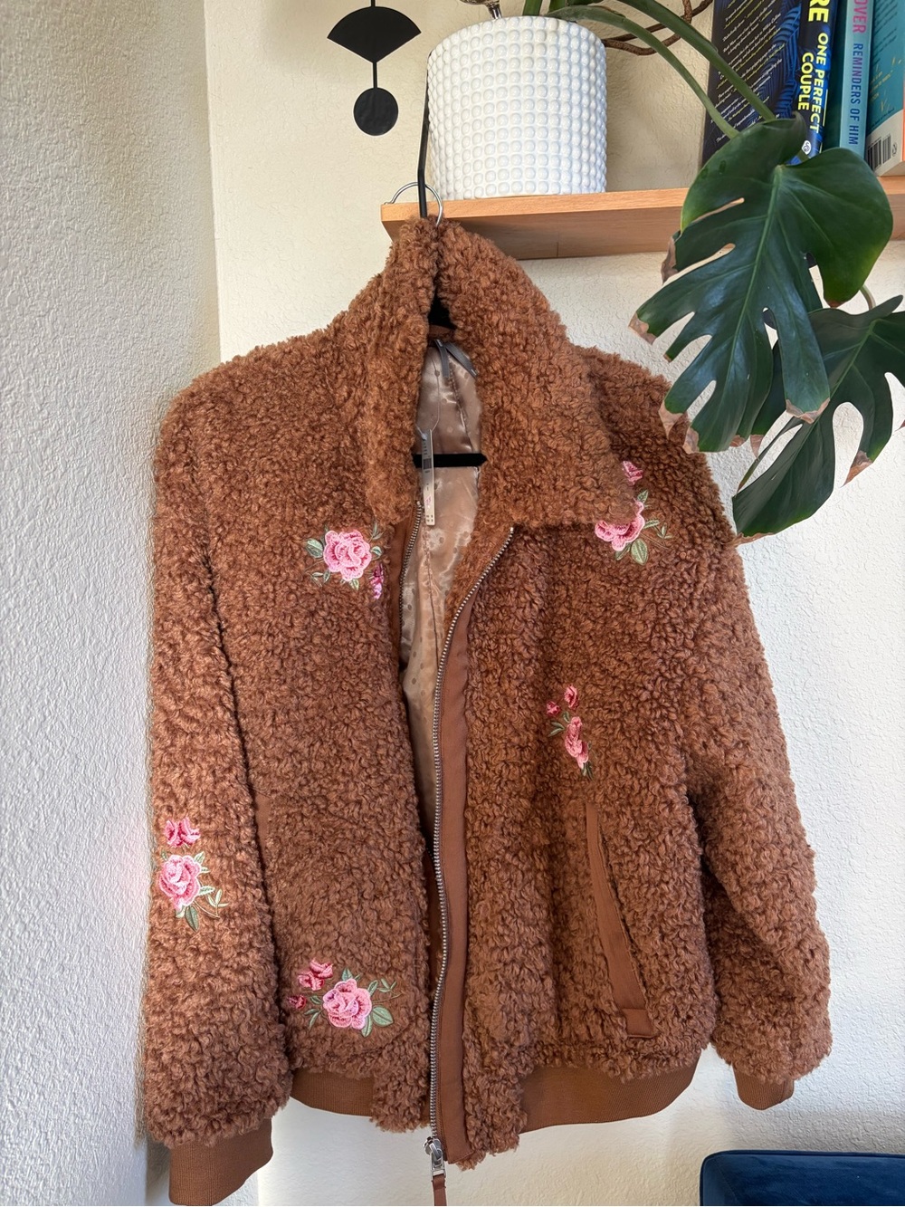 Anthropologie Brown Teddy Jacket with Pink Floral Embroidery